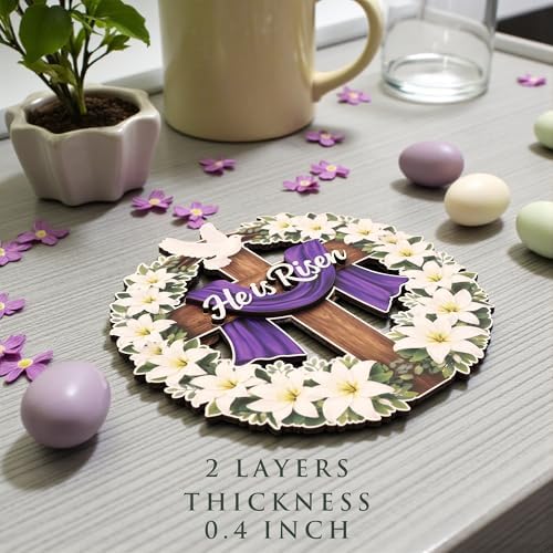 Easter Decorations He Is Risen Wooden Easter Wreath, Christian Easter Wreaths for Front Door, Religious Door, alternate view