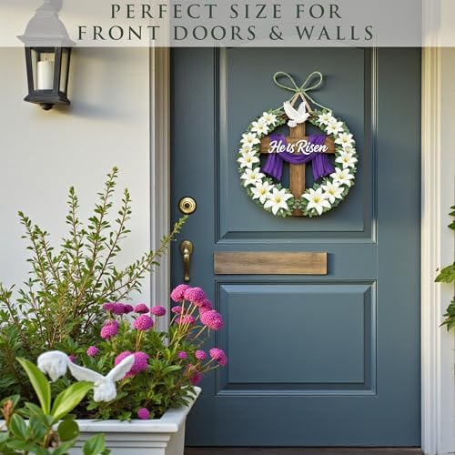 Easter Decorations He Is Risen Wooden Easter Wreath, Christian Easter Wreaths for Front Door, Religious Door, alternate view