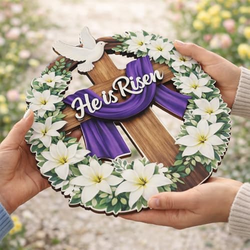 Easter Decorations He Is Risen Wooden Easter Wreath, Christian Easter Wreaths for Front Door, Religious Door, alternate view