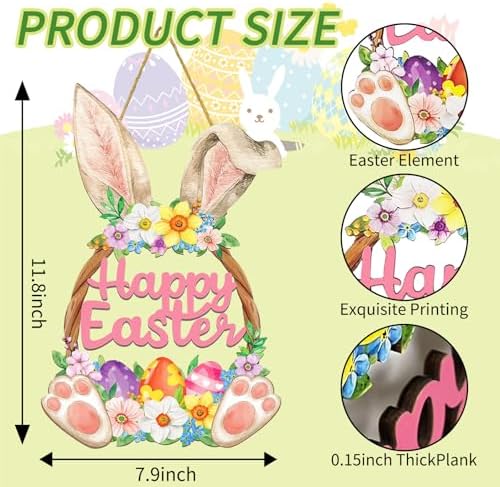 Easter Decorations Wooden Bunny Easter Wreath for Front Door Decor, Bunny Eggs Wood Wreath Decoration, Farmhouse, alternate