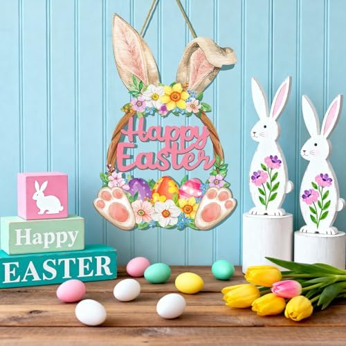 Easter Decorations Wooden Bunny Easter Wreath for Front Door Decor, Bunny Eggs Wood Wreath Decoration, Farmhouse, alternate
