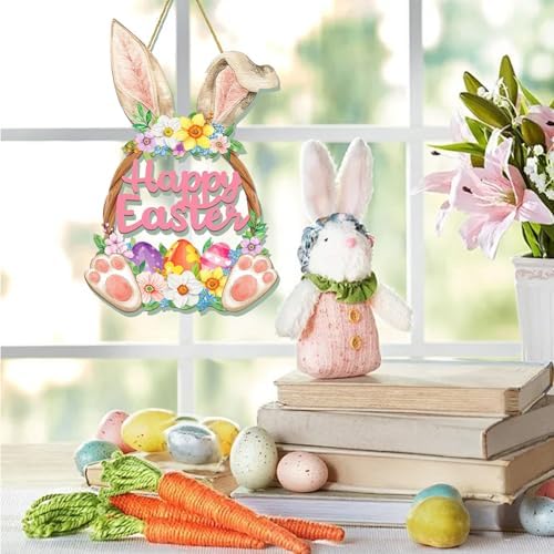 Easter Decorations Wooden Bunny Easter Wreath for Front Door Decor, Bunny Eggs Wood Wreath Decoration, Farmhouse, alternate