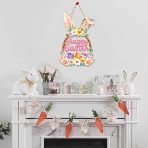 Easter Decorations Wooden Bunny Easter Wreath for Front Door Decor, Bunny Eggs Wood Wreath Decoration, Farmhouse, alternate