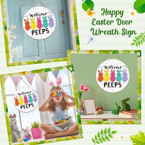 Easter Door Decorations Sign - Wooden Welcome Peeps Door Hanger with Bunny Decor, Spring Wall Wreath for Front, alternate