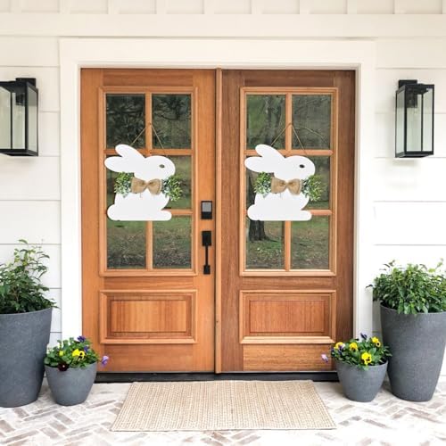 Easter Door Wreath Sign - Bunny Door Hanger Easter Door Decorations with Bow for Rustic Spring Wall Home, alternate view 2