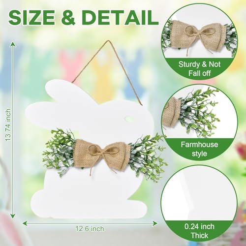 Easter Door Wreath Sign - Bunny Door Hanger Easter Door Decorations with Bow for Rustic Spring Wall Home, alternate view 3