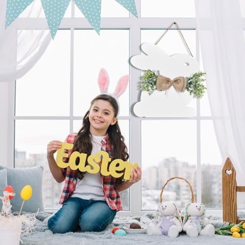 Easter Door Wreath Sign - Bunny Door Hanger Easter Door Decorations with Bow for Rustic Spring Wall Home, alternate view 5