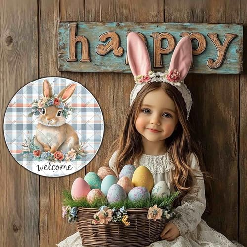 Easter Sign Easter Bunny Spring Welcome Round Metal Sign Wreath Outdoor Porch Wall Decor For Home Garden Yard, alternate view