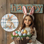 Easter Sign Easter Bunny Spring Welcome Round Metal Sign Wreath Outdoor Porch Wall Decor For Home Garden Yard, alternate view