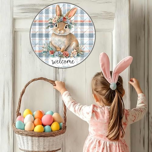Easter Sign Easter Bunny Spring Welcome Round Metal Sign Wreath Outdoor Porch Wall Decor For Home Garden Yard, alternate view