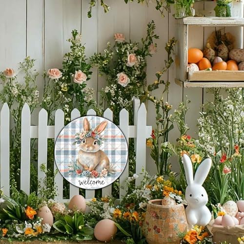 Easter Sign Easter Bunny Spring Welcome Round Metal Sign Wreath Outdoor Porch Wall Decor For Home Garden Yard, alternate view