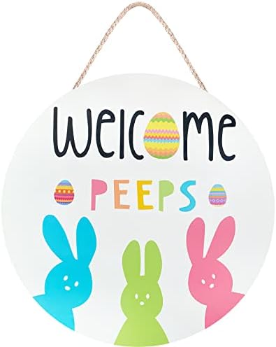 Easter Welcome Wreath, Cute Bunny Happy Easter Signs for Front Door, Wooden Decorations Home Decor Porch Window