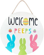 Easter Welcome Wreath, Cute Bunny Happy Easter Signs for Front Door, Wooden Decorations Home Decor Porch Window
