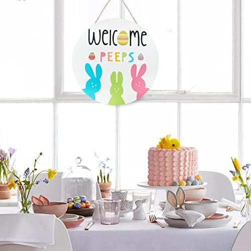 Easter Welcome Wreath, Cute Bunny Happy Easter Signs for Front Door, Wooden Decorations Home Decor Porch Window, alternate