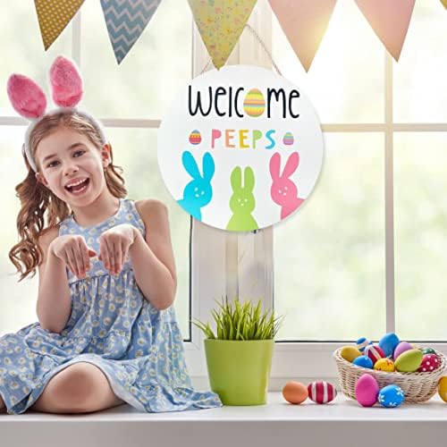 Easter Welcome Wreath, Cute Bunny Happy Easter Signs for Front Door, Wooden Decorations Home Decor Porch Window, alternate