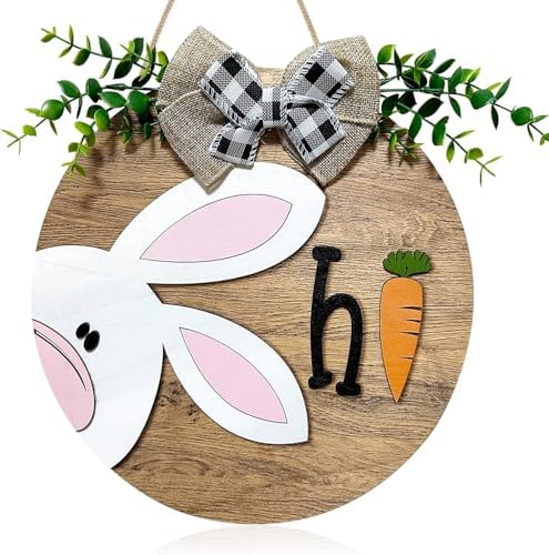 Easter Wooden Hanging Sign for Front Door Decor Double Plank Design Bunny Rabbit Wood Door Hanger with Bow for