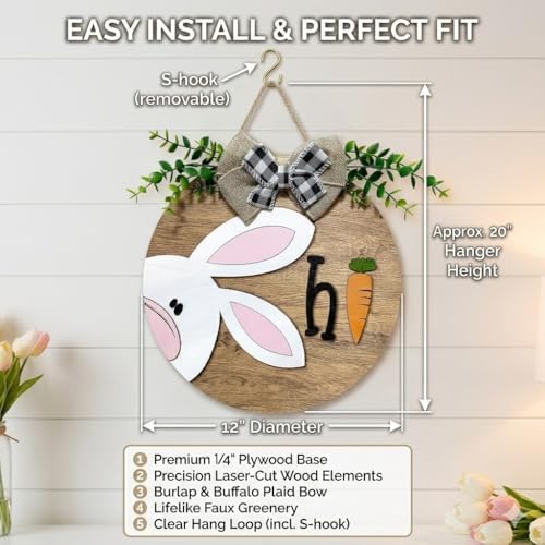 Easter Wooden Hanging Sign for Front Door Decor Double Plank Design Bunny Rabbit Wood Door Hanger with Bow for, alternate