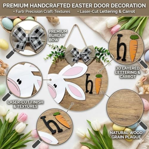 Easter Wooden Hanging Sign for Front Door Decor Double Plank Design Bunny Rabbit Wood Door Hanger with Bow for, alternate