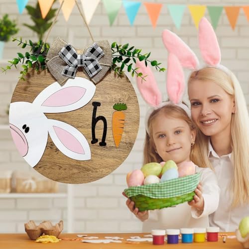 Easter Wooden Hanging Sign for Front Door Decor Double Plank Design Bunny Rabbit Wood Door Hanger with Bow for, alternate