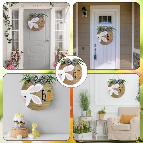 Easter Wooden Hanging Sign for Front Door Decor Double Plank Design Bunny Rabbit Wood Door Hanger with Bow for, alternate
