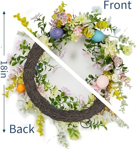 Easter Wreath for Front Door - 18in Spring Flower Wreath with Easter Eggs & Lush Greenery, Artificial Floral, alternate view