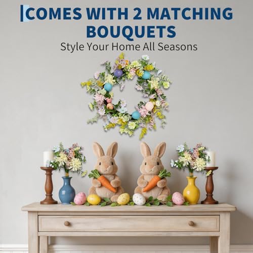 Easter Wreath for Front Door - 18in Spring Flower Wreath with Easter Eggs & Lush Greenery, Artificial Floral, alternate view