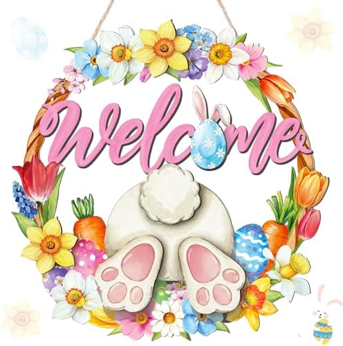 Easter Wreath for Front Door Bunny Welcome Wood Sign Door Decorations Wall Hanging Decor Hollow Rabbit Sign