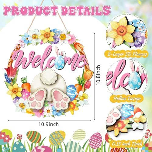 Easter Wreath for Front Door Bunny Welcome Wood Sign Door Decorations Wall Hanging Decor Hollow Rabbit Sign, alternate view 2
