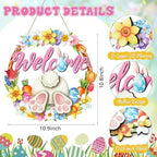 Easter Wreath for Front Door Bunny Welcome Wood Sign Door Decorations Wall Hanging Decor Hollow Rabbit Sign, alternate view 2