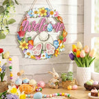 Easter Wreath for Front Door Bunny Welcome Wood Sign Door Decorations Wall Hanging Decor Hollow Rabbit Sign, alternate view 3