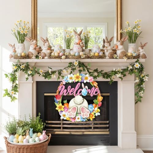 Easter Wreath for Front Door Bunny Welcome Wood Sign Door Decorations Wall Hanging Decor Hollow Rabbit Sign, alternate view 5