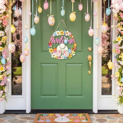 Easter Wreath for Front Door Bunny Welcome Wood Sign Door Decorations Wall Hanging Decor Hollow Rabbit Sign, alternate view 6