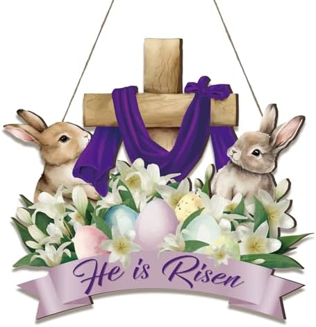 Easter Wreath for Front Door He He Is Risen Decor Religious Easter Bunny Decoration Spring Wooden Egg Rabbit