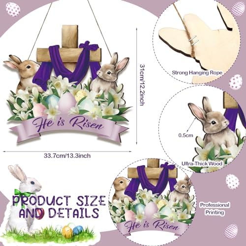 Easter Wreath for Front Door He He Is Risen Decor Religious Easter Bunny Decoration Spring Wooden Egg Rabbit, alternate view