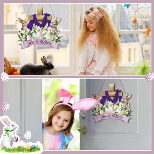 Easter Wreath for Front Door He He Is Risen Decor Religious Easter Bunny Decoration Spring Wooden Egg Rabbit, alternate view