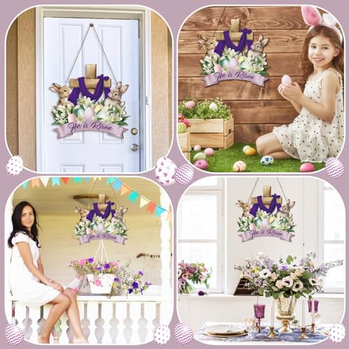Easter Wreath for Front Door He He Is Risen Decor Religious Easter Bunny Decoration Spring Wooden Egg Rabbit, alternate view