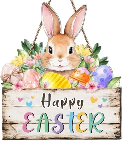 Easter Wreaths Decorations for Front Door Wooden Easter Sign Cute Bunny Spring Hanger for Outdoor Indoor Home