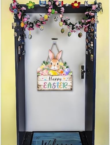 Easter Wreaths Decorations for Front Door Wooden Easter Sign Cute Bunny Spring Hanger for Outdoor Indoor Home, alternate view