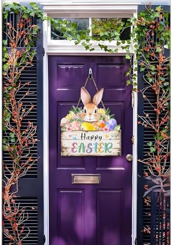 Easter Wreaths Decorations for Front Door Wooden Easter Sign Cute Bunny Spring Hanger for Outdoor Indoor Home, alternate view