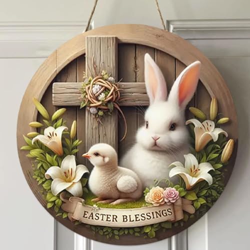 Easter Wreaths, Easter Wreath for Front Door, Wooden Easter Bunny Chick Decor Door Sign Wreath 12 Inch, Easter