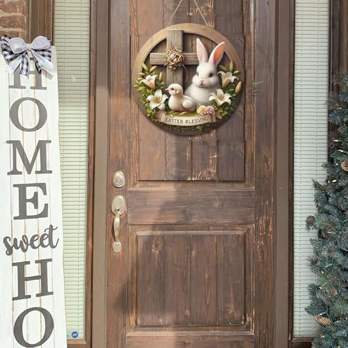 Easter Wreaths, Easter Wreath for Front Door, Wooden Easter Bunny Chick Decor Door Sign Wreath 12 Inch, Easter, alternate
