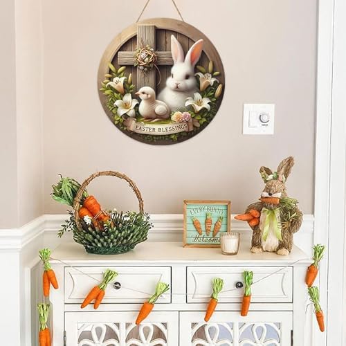 Easter Wreaths, Easter Wreath for Front Door, Wooden Easter Bunny Chick Decor Door Sign Wreath 12 Inch, Easter, alternate