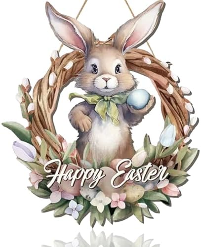 Easter Wreaths for Front Door Bunny Welcome Wood Sign Decor Door Hanger Spring Decorations Easters Hanging