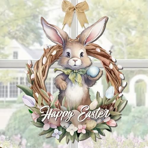Easter Wreaths for Front Door Bunny Welcome Wood Sign Decor Door Hanger Spring Decorations Easters Hanging, alternate view 2