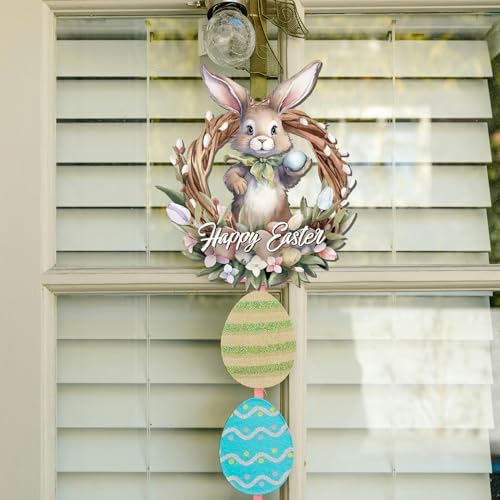 Easter Wreaths for Front Door Bunny Welcome Wood Sign Decor Door Hanger Spring Decorations Easters Hanging, alternate view 5