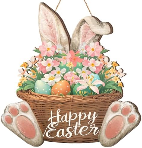 Easter Wreaths for Front Door Bunny Welcome Wood Sign Door Hanger Spring Decorations Easter Wall Hanging Plaque