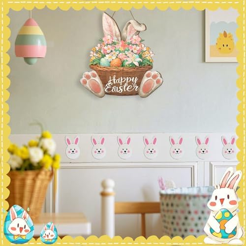 Easter Wreaths for Front Door Bunny Welcome Wood Sign Door Hanger Spring Decorations Easter Wall Hanging Plaque, alternate