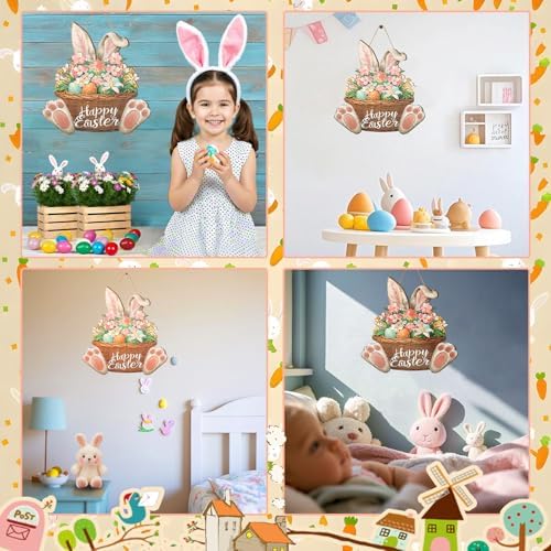 Easter Wreaths for Front Door Bunny Welcome Wood Sign Door Hanger Spring Decorations Easter Wall Hanging Plaque, alternate