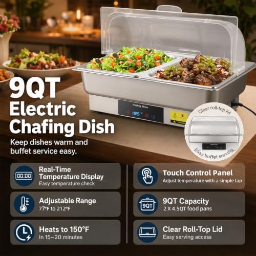 Electric Buffet Food Warmer with Touch Control, 2 * 4.5QT Half Size Stainless Steel Chafing Dish with Roll Top, alternate