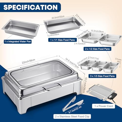 Electric Chafing Dish Buffet Server Set, Stainless Steel Full Size & Half-Size &Three-Section Food Pan with Temp, alternate